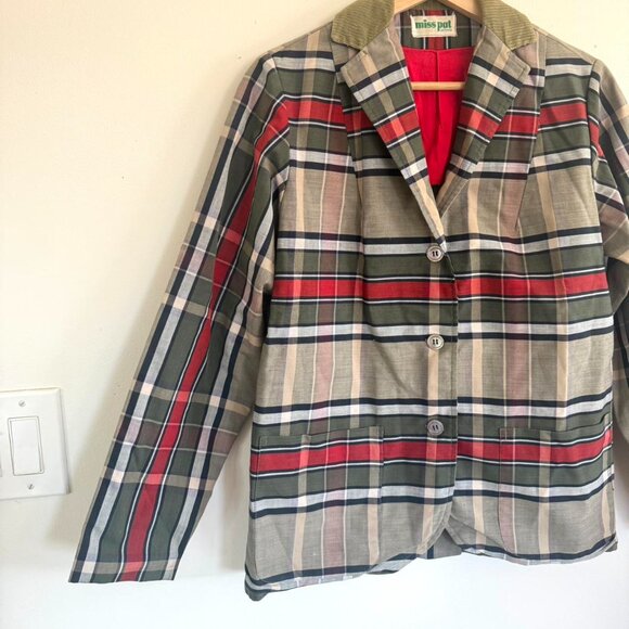 MISS PAT CALIFORNIA GREEN RED PLAID CORDUROY BLAZER WOMENS MEDIUM - Picture 2 of 6